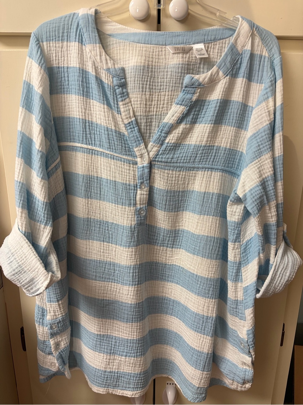 Kaktus Blue and White Striped Gauze Henley Tunic
